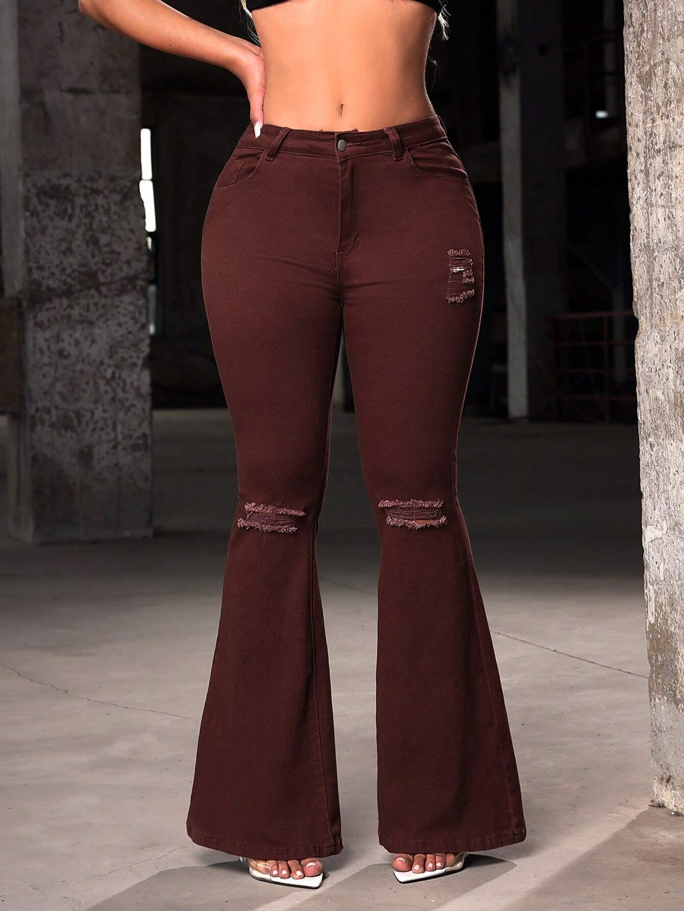 SHEIN SXY High Waist Ripped Flare Leg Jeans