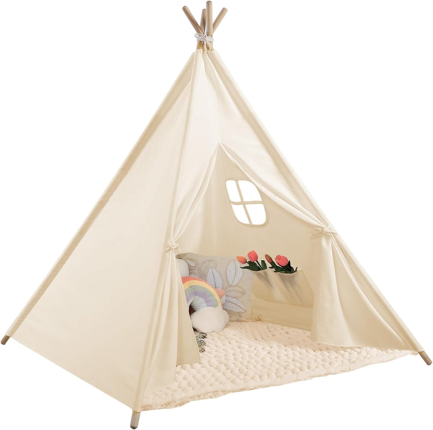Teepee Tent for Kids Indoor - Natural Canvas Kids Play Tent - Washable Tipi Sleepover Tents with Lights & Carry Bag, Outdoor Toddler Tents for Girls & Boys - Foldable Playroom Gift Toys