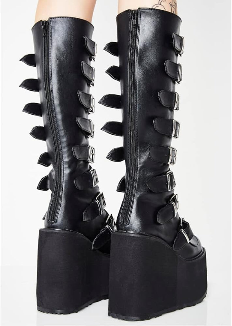 Women'S Punk Goth Platform Boots Buckle Straps Back Zipper Gothic Boots Ladies Rivets Metal Decoration Long Boots Knee High Tall Boots Combat Boots