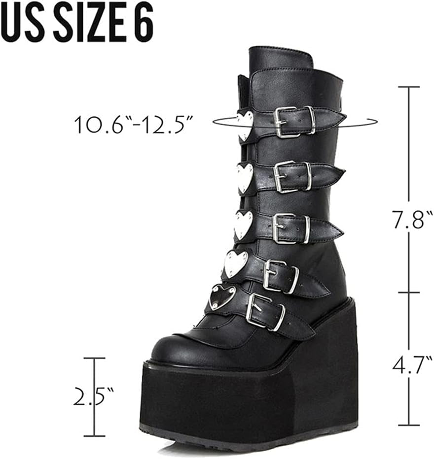 Womens Wedge Platform Knee High Boots High Heel Round-Toe Zip Punk Goth Mid Calf Combat Boots for Women