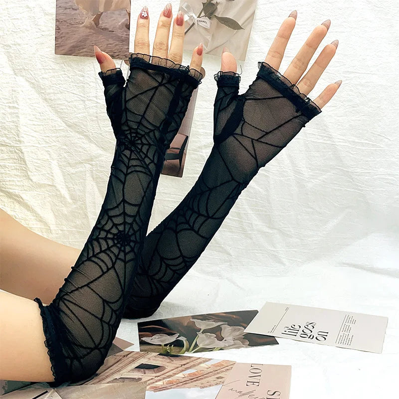 Halloween Creativity Women Spider Web Pattern Gloves Sexy Female Mesh Gloves Driving Punk Goth Dance Black Fingerless Mittens