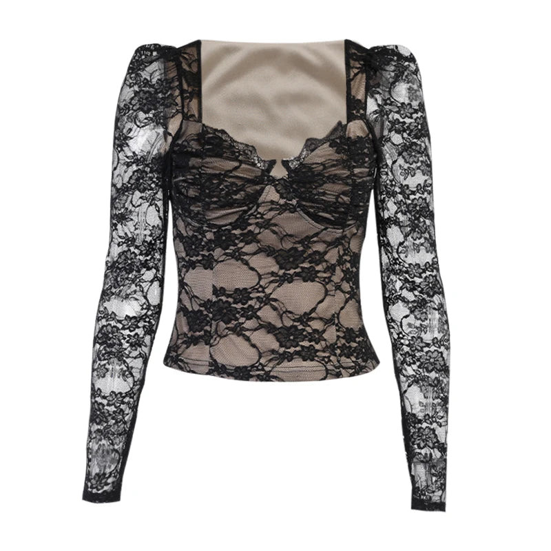 Goth Black Top Vintage Lace Sexy Streetwear Women T Shirts See through Long Sleeve Bodycon Spring Elegant Tops Mall Goth