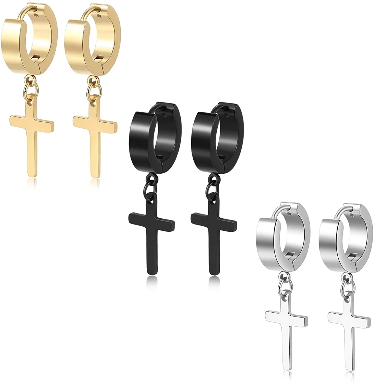 3 Pairs of Cross Earrings Dangle Hinged Men Earrings Stainless Steel Cross Hoop Earrings for Men and Women Silver Gold Black