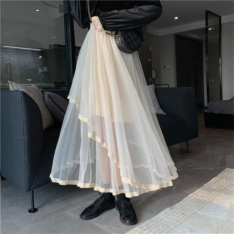 Puffy Cake Skirt for Women Chic Ruffled Long Irregular Sweet Punk A-Line See through Goth Clothes Dark New Summer Mesh Midi