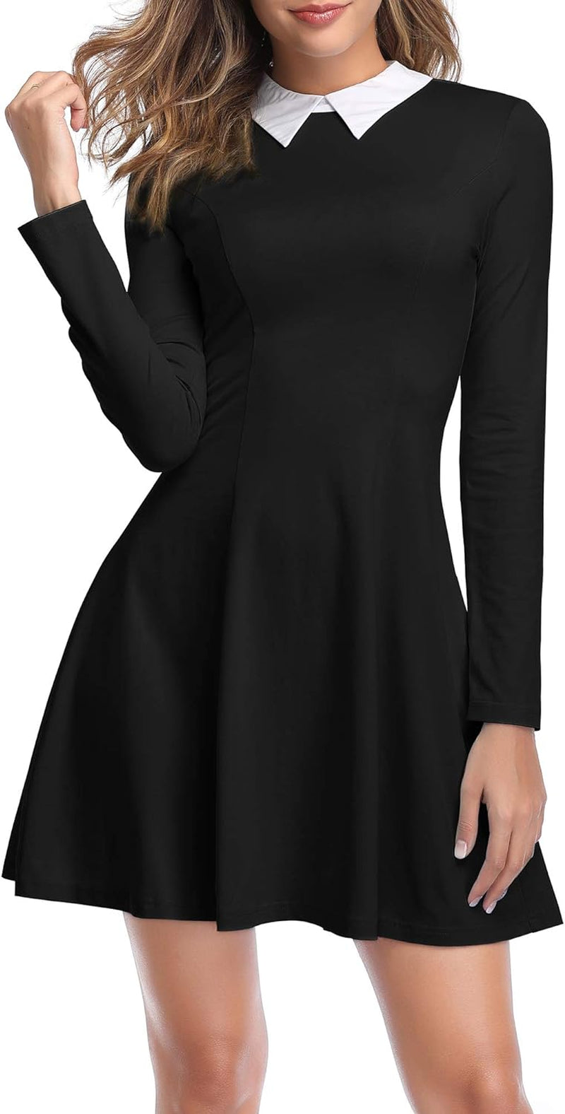 Womens Long Sleeve Peter Pan Collar Fit and Flare Dress Wednesday Addams Costume