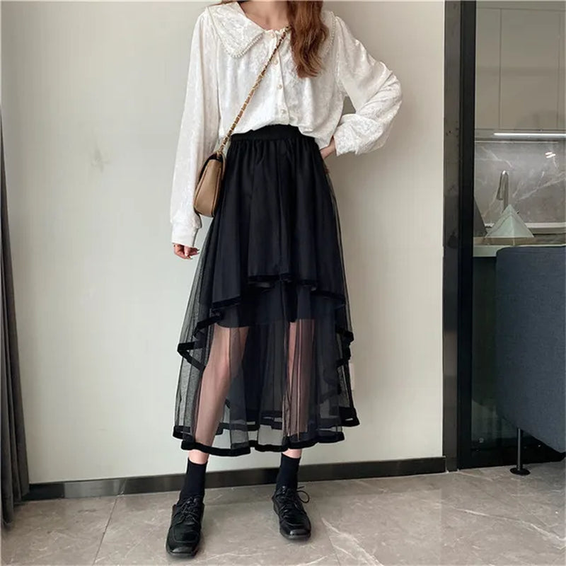 Puffy Cake Skirt for Women Chic Ruffled Long Irregular Sweet Punk A-Line See through Goth Clothes Dark New Summer Mesh Midi