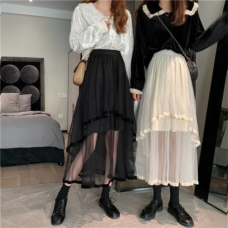 Puffy Cake Skirt for Women Chic Ruffled Long Irregular Sweet Punk A-Line See through Goth Clothes Dark New Summer Mesh Midi