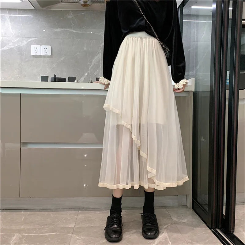 Puffy Cake Skirt for Women Chic Ruffled Long Irregular Sweet Punk A-Line See through Goth Clothes Dark New Summer Mesh Midi