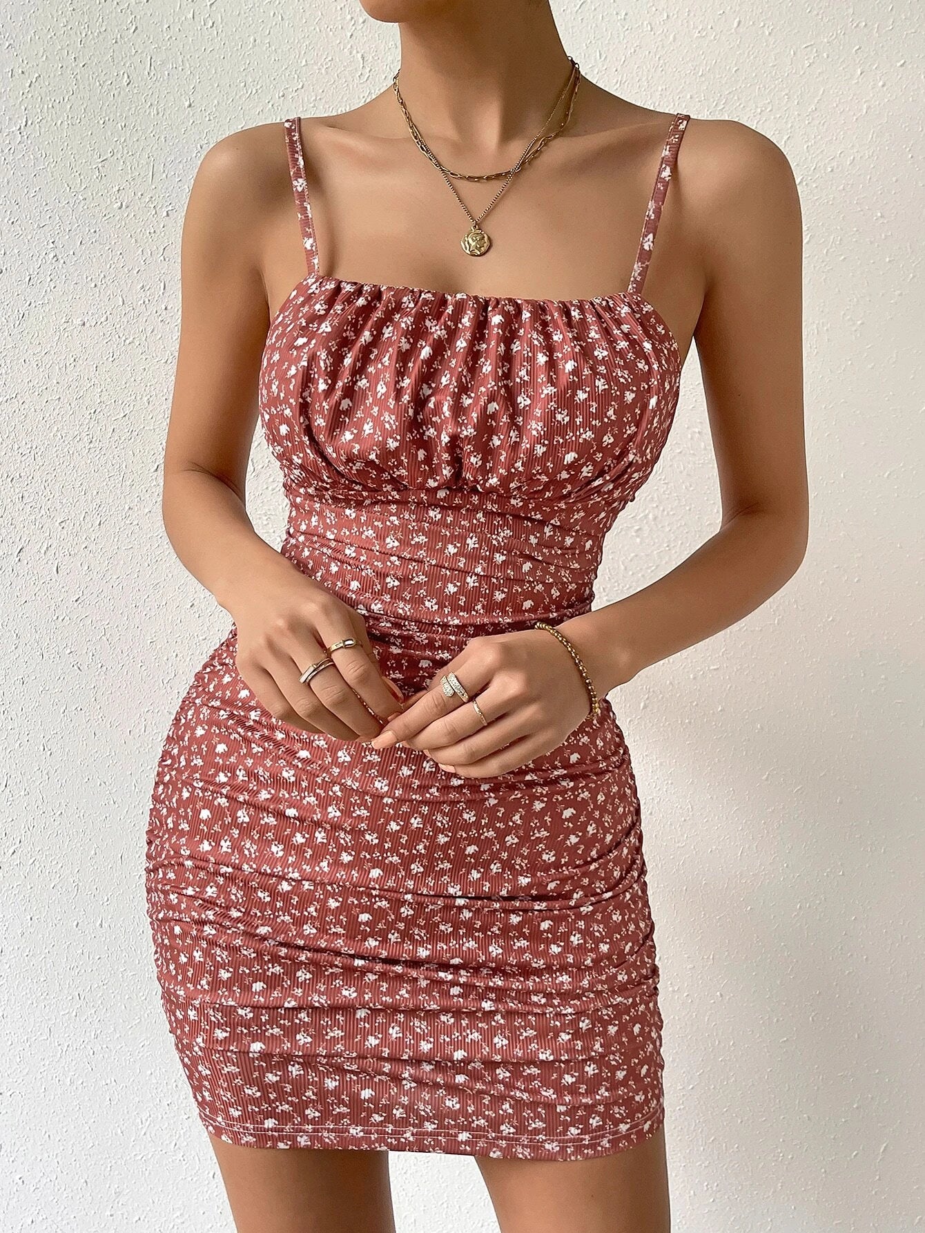 SHEIN X Marika Sila SHEIN VCAY Ditsy Floral Ruched Bodycon Dress