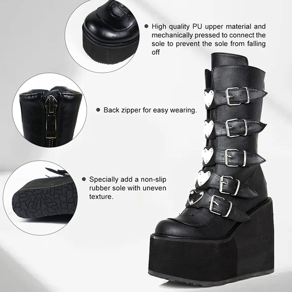 Womens Wedge Platform Knee High Boots High Heel Round-Toe Zip Punk Goth Mid Calf Combat Boots for Women