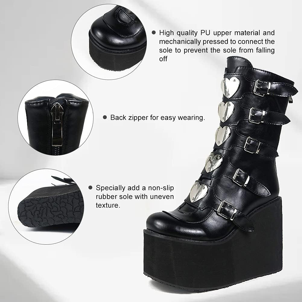 Womens Wedge Platform Knee High Boots High Heel Round-Toe Zip Punk Goth Mid Calf Combat Boots for Women