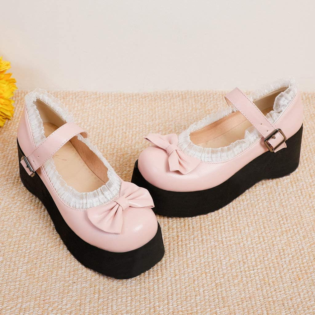 Womens Cute Goth Shoes Bow Platform Mary Janes Gothic Wedge Shoes