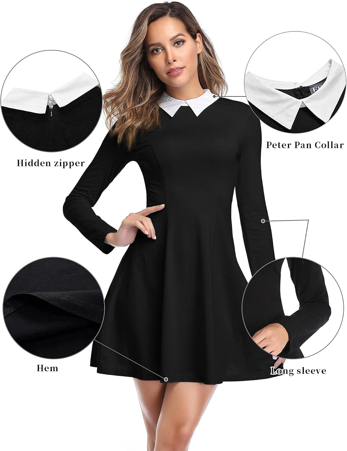 Womens Long Sleeve Peter Pan Collar Fit and Flare Dress Wednesday Addams Costume