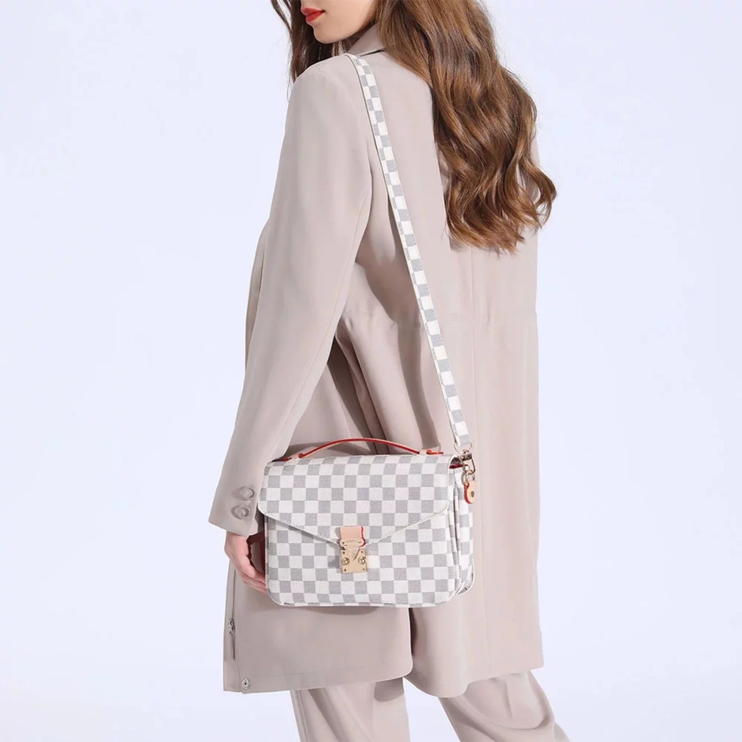 Womens Checkered Tote Shoulder Bag with Inner Pouch - PU Vegan Leather Shoulder Satchel Fashion Bags -Cream Checkered