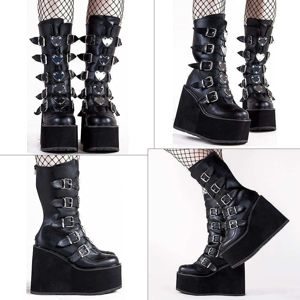 Womens Wedge Platform Knee High Boots High Heel Round-Toe Zip Punk Goth Mid Calf Combat Boots for Women