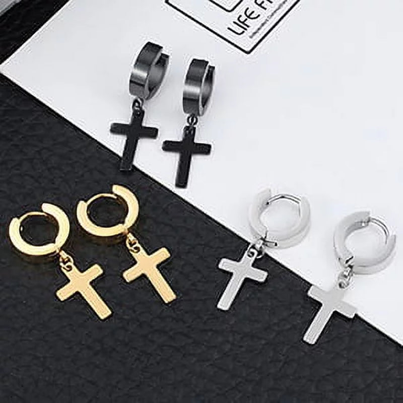 3 Pairs of Cross Earrings Dangle Hinged Men Earrings Stainless Steel Cross Hoop Earrings for Men and Women Silver Gold Black