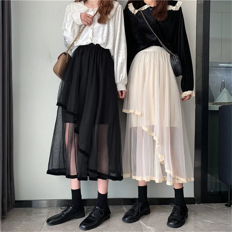 Puffy Cake Skirt for Women Chic Ruffled Long Irregular Sweet Punk A-Line See through Goth Clothes Dark New Summer Mesh Midi