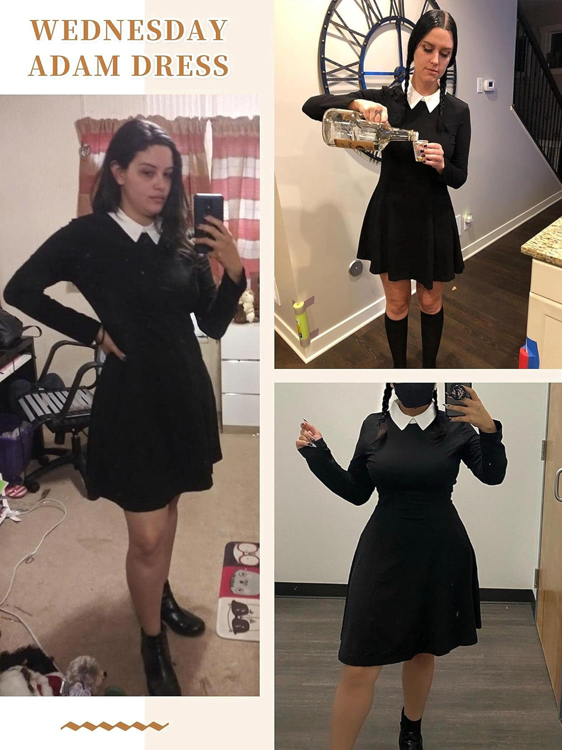 Womens Long Sleeve Peter Pan Collar Fit and Flare Dress Wednesday Addams Costume