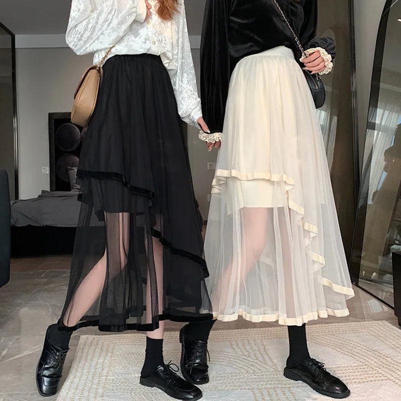 Puffy Cake Skirt for Women Chic Ruffled Long Irregular Sweet Punk A-Line See through Goth Clothes Dark New Summer Mesh Midi