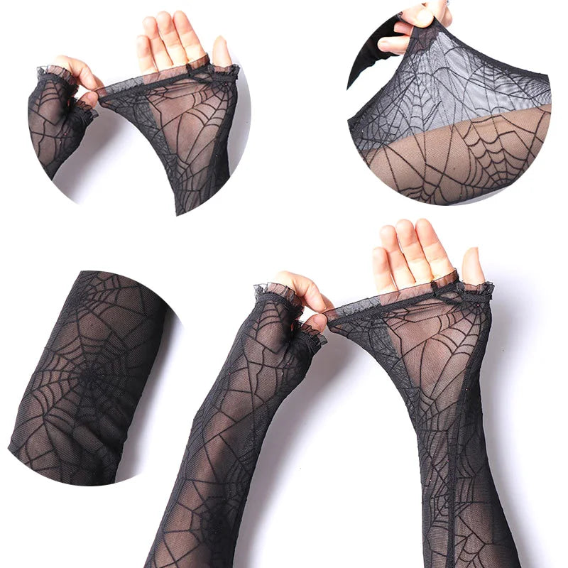 Halloween Creativity Women Spider Web Pattern Gloves Sexy Female Mesh Gloves Driving Punk Goth Dance Black Fingerless Mittens