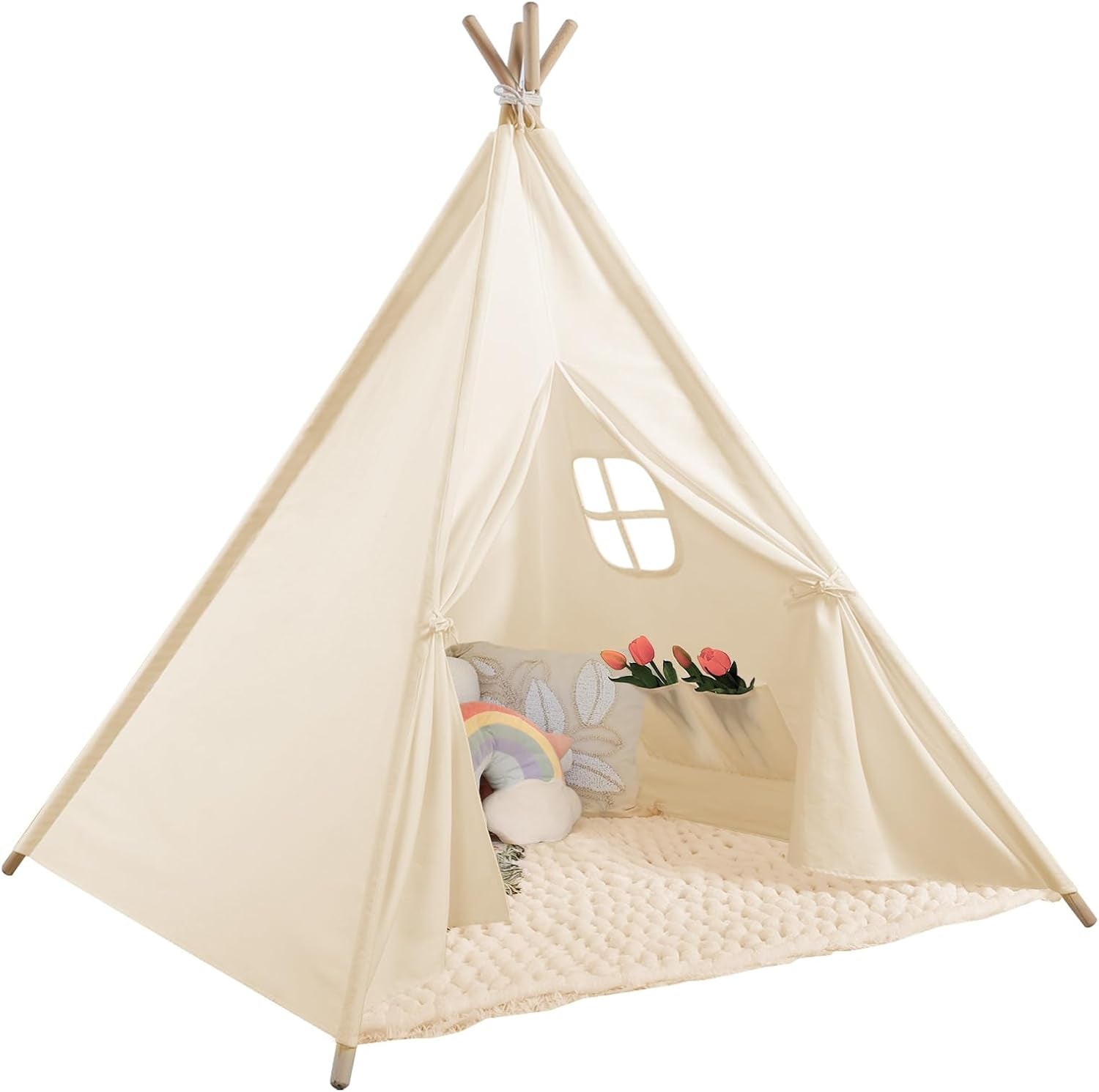 Teepee Tent for Kids Indoor - Natural Canvas Kids Play Tent - Washable Tipi Sleepover Tents with Lights & Carry Bag, Outdoor Toddler Tents for Girls & Boys - Foldable Playroom Gift Toys