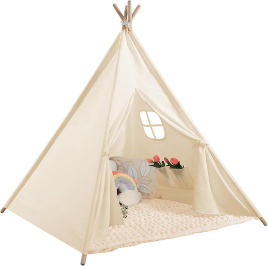 Teepee Tent for Kids Indoor - Natural Canvas Kids Play Tent - Washable Tipi Sleepover Tents with Lights & Carry Bag, Outdoor Toddler Tents for Girls & Boys - Foldable Playroom Gift Toys
