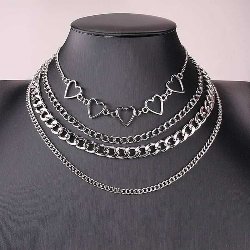 4Pcs/Set Multi Layered Heart Chain Collar Choker Necklace for Women Punk Goth Aesthetic Cute Vintage Female Fashion Jewelry